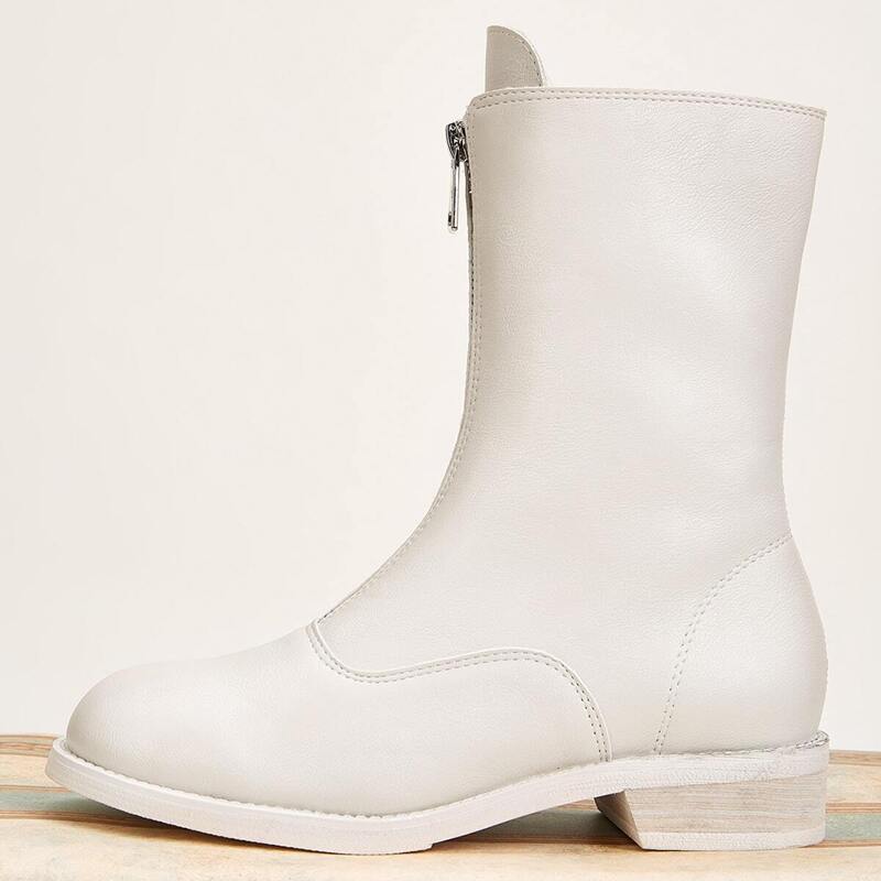 

Zip Front Mid Calf Boots, Apricot