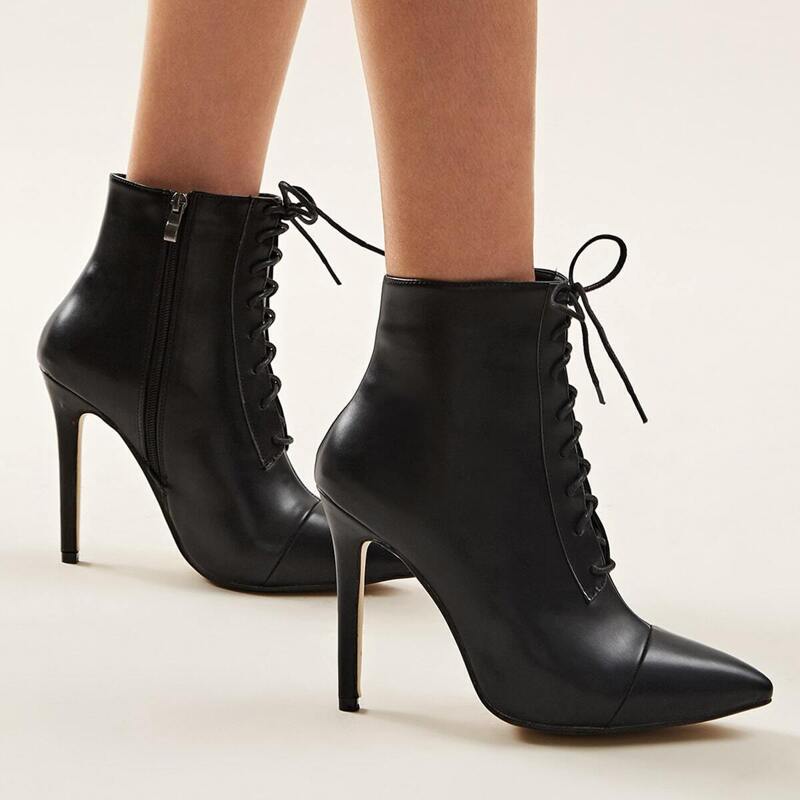 

Point Toe Lace-up Front Stiletto Boots, Black