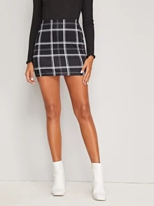 SHEIN Essnce Plaid Bodycon Mini Skirt - Black and White - View 1