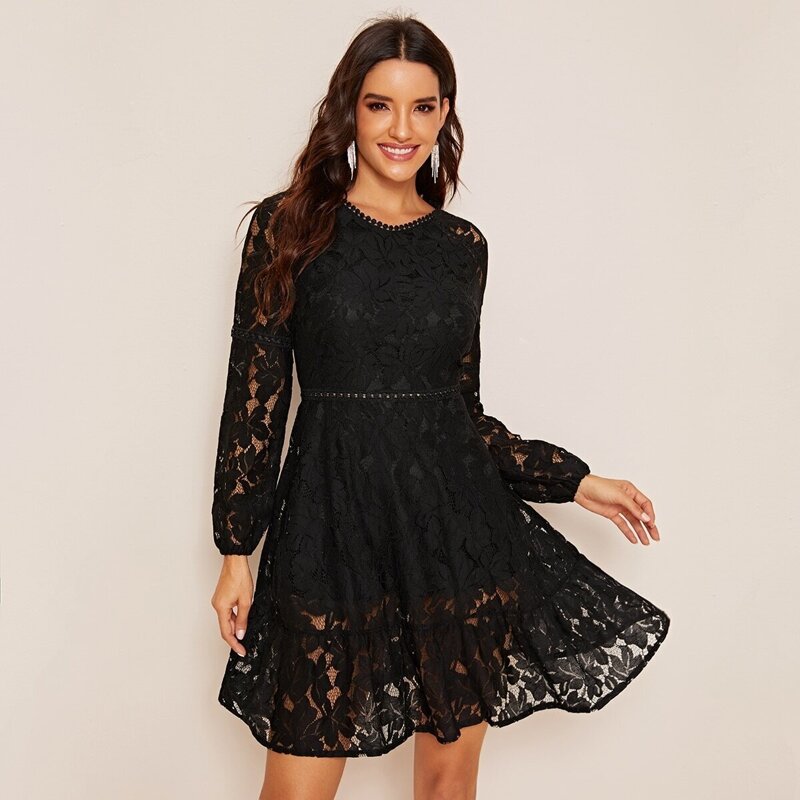 

Zip Back Sheer Lace A-line Dress, Black