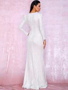 LOVE&LEMONADE vestido con lentejuelas bajo cruzado de cuello profundo - Blanco - Ver 2