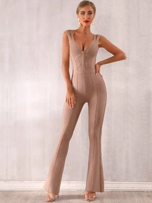 Double Strap Flare Leg Bandage Jumpsuit - Apricot - View 3