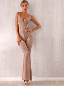 Double Strap Flare Leg Bandage Jumpsuit - Apricot - View 4