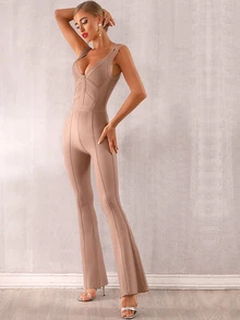 Double Strap Flare Leg Bandage Jumpsuit - Apricot - View 5