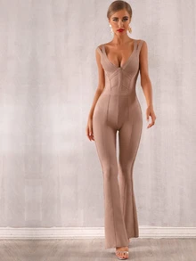 Double Strap Flare Leg Bandage Jumpsuit - Apricot - View 6