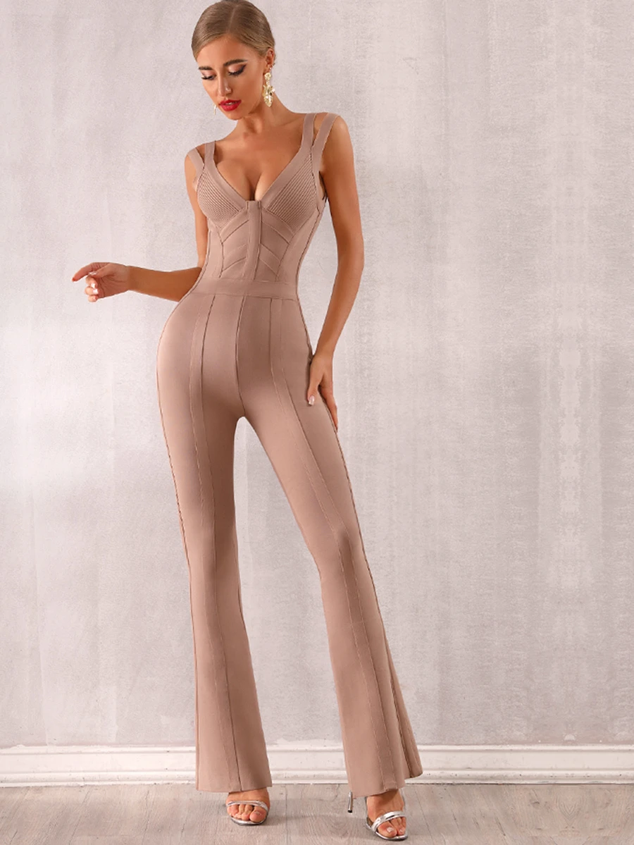 Double Strap Flare Leg Bandage Jumpsuit - Apricot - View 1
