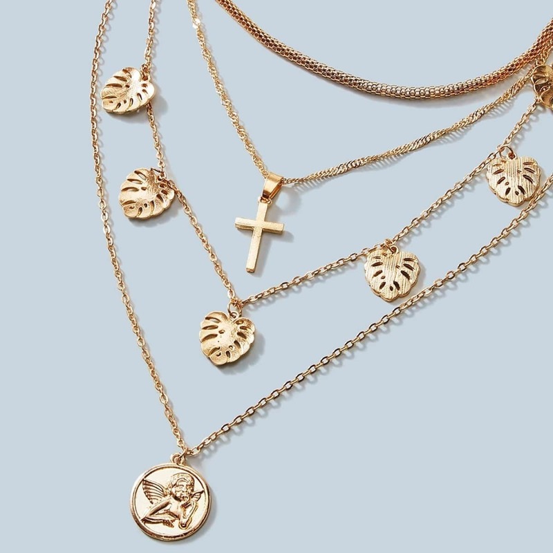 

Cross & Leaf Charm Layered Necklace 1pc, Gold