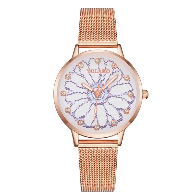 

Alloy Mesh Strap Floral Round Dial Quartz Watch