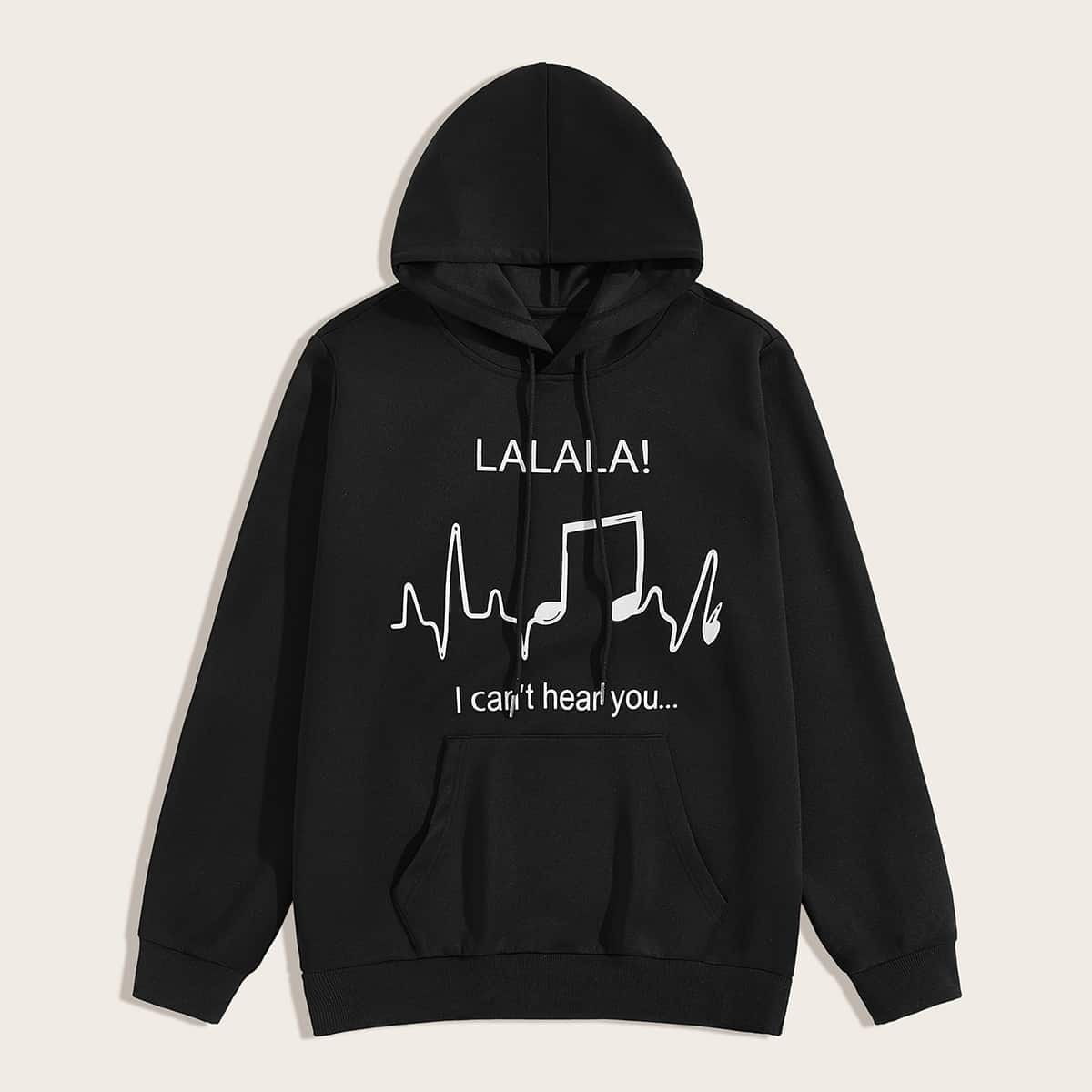 

Guys Letter Print Drawstring Hoodie, Black