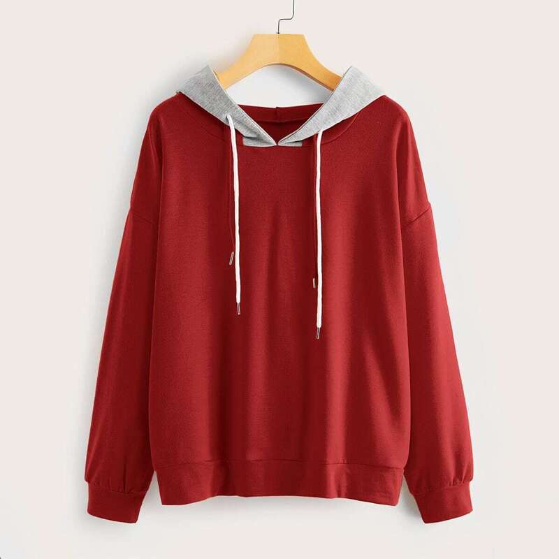

Drop Shoulder Drawstring Double Hooded Sweatshirt, Red