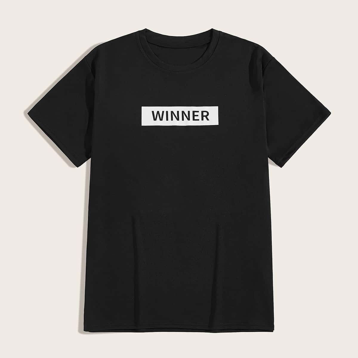 

Guys Letter Print Round Neck Tee, Black