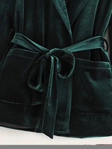 Dual Pocket Velvet Belted Blazer - Dark Green - View 4