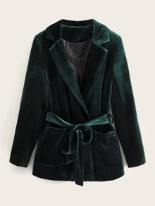 Dual Pocket Velvet Belted Blazer - Dark Green - View 1
