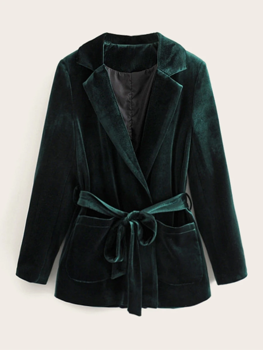 Dual Pocket Velvet Belted Blazer - Dark Green - View 1
