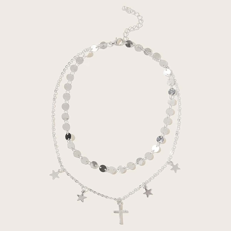 

Cross & Star Pendant Layered Necklace, Silver