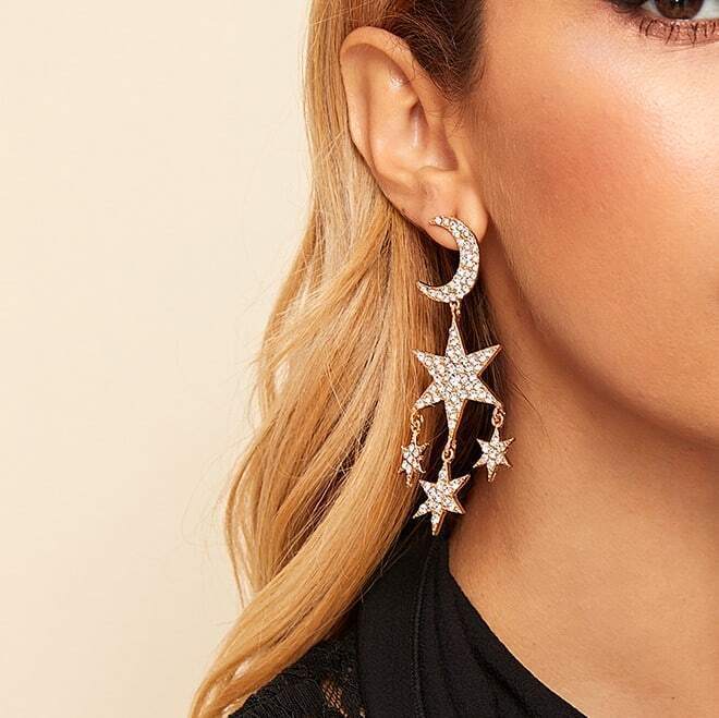 

Rhinestone Engraved Moon Decor Star Drop Earrings 1pair, Gold silver