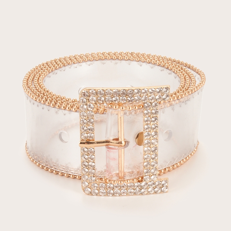 

New Year Rhinestone Decor Square Buckle Transparent Belt, Clear