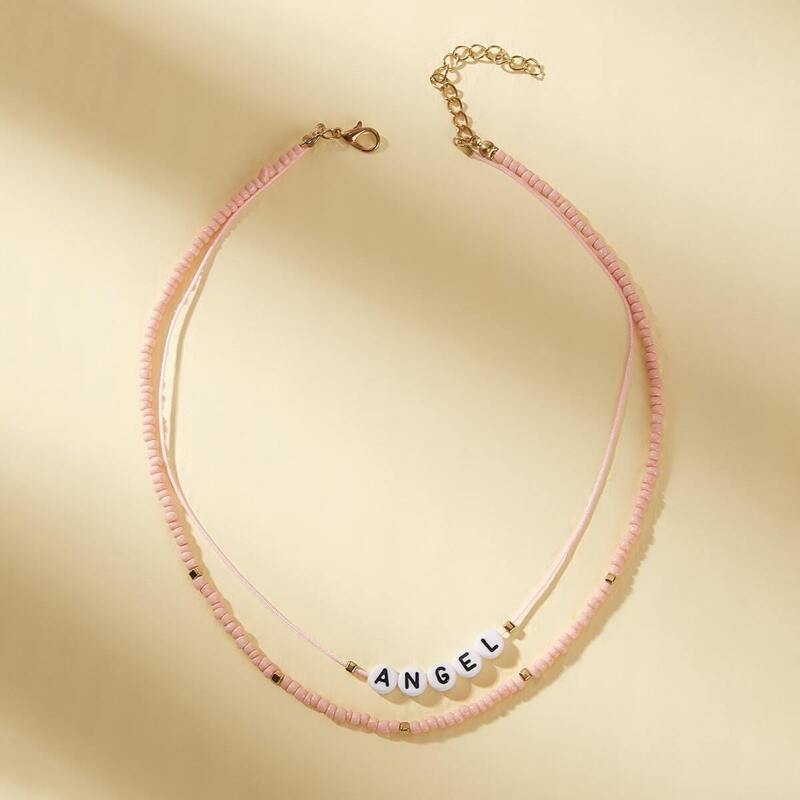 

1pc Layered Beaded Necklace, Pink
