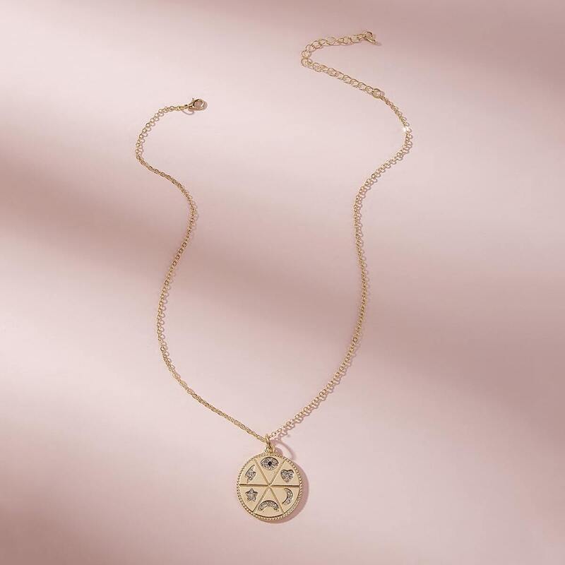 

1pc Rhinestone Engraved Coin Charm Necklace, Gold