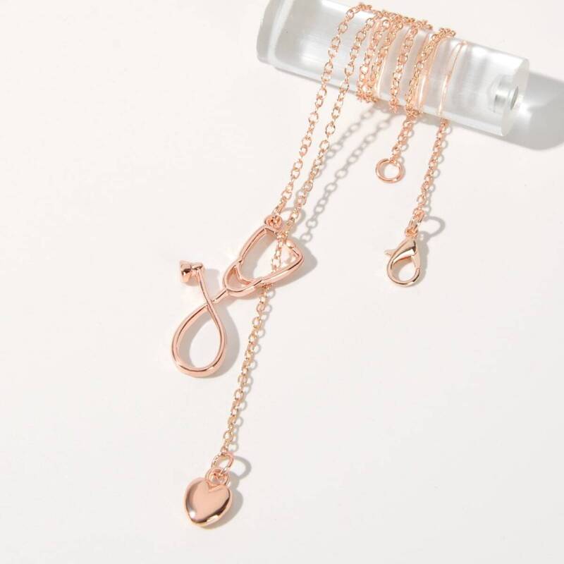 

1pc Stethoscope & Heart Charm Lariat Necklace, Gold