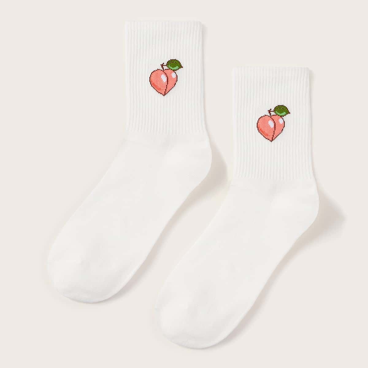 

Peach Graphic Crew Socks, White