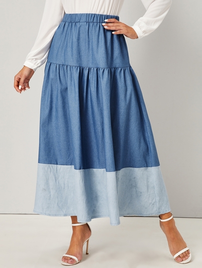 contrast panel elastic waist a-line denim skirt
