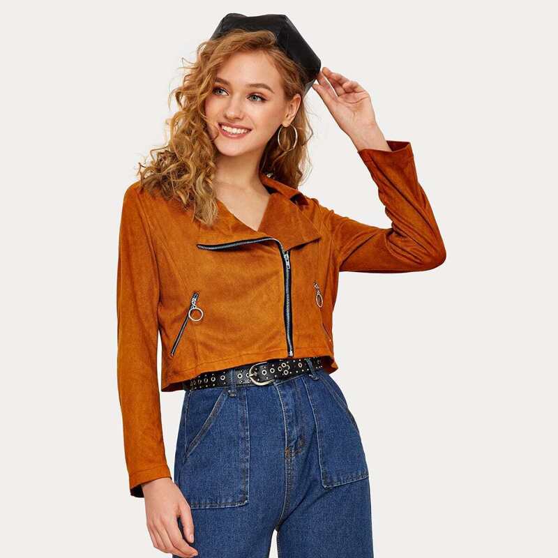 

Solid Lapel Collar Suede Biker Jacket, Brown