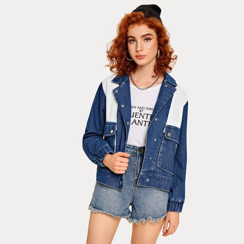 

Contrast Panel Lapel Collar Denim Jacket, Blue