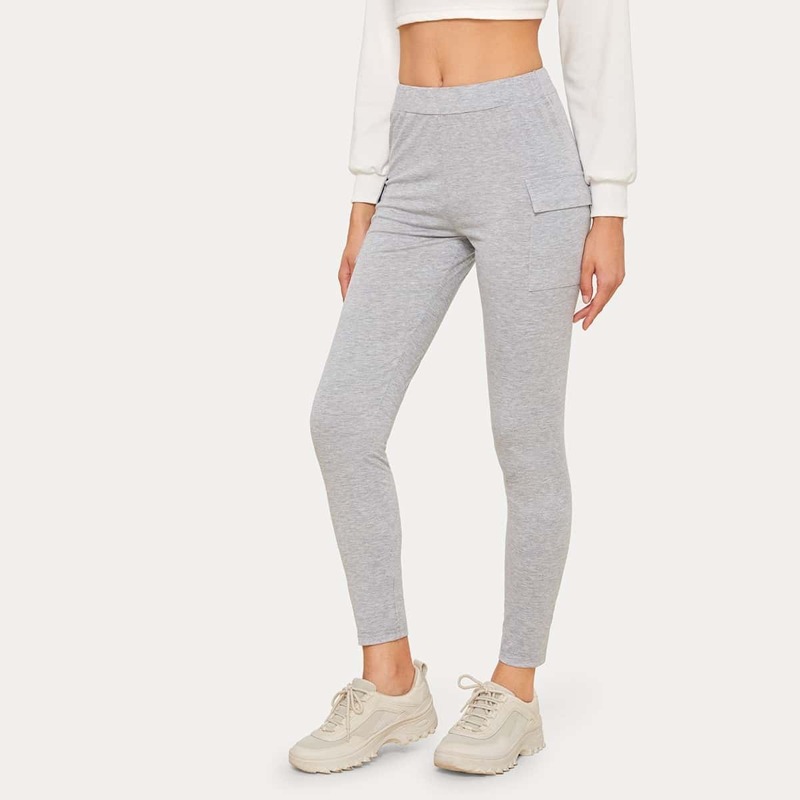 

Solid Side Flap Pocket Leggings, Grey