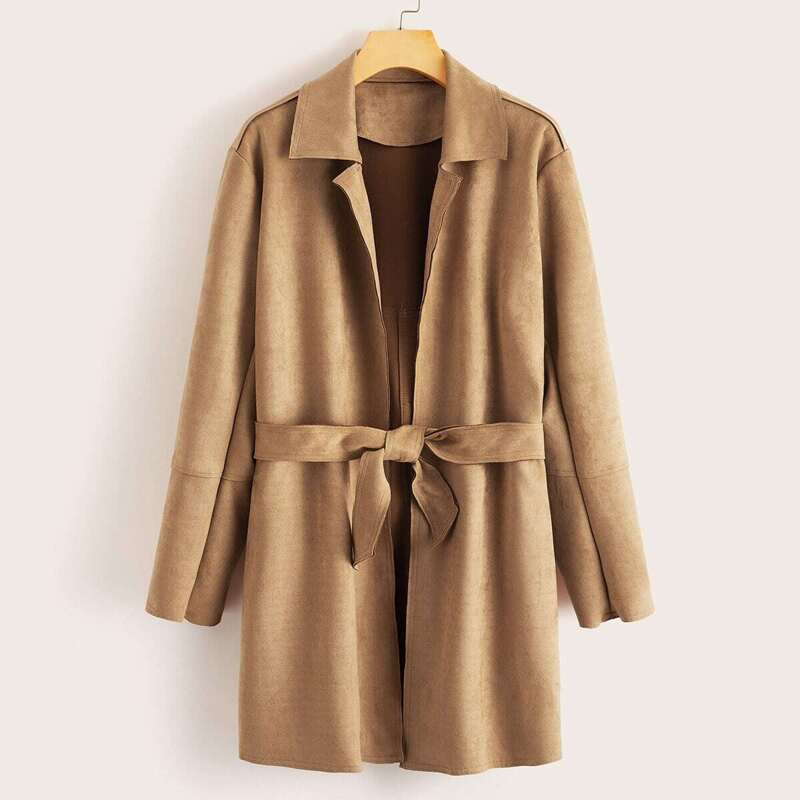 

Solid Belted Suede Trench Coat, Khaki