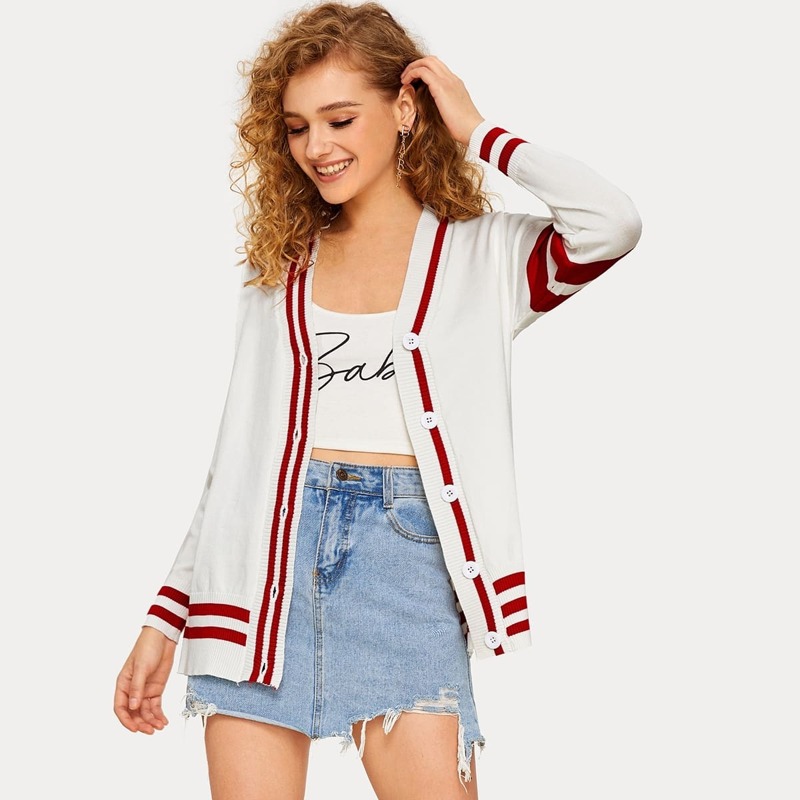 

Varsity Striped Button Through Cricket Cardigan, White