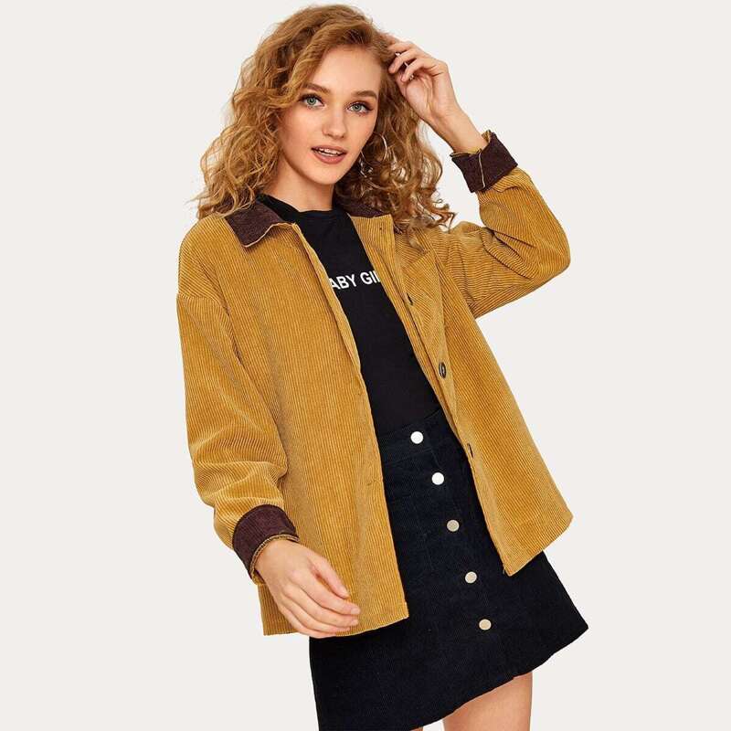 Contrast Collar Single-breasted Corduroy Coat, Yellow