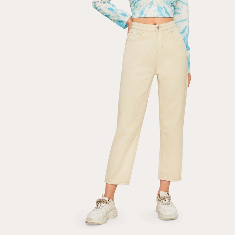 

Solid 5-pocket Mom Jeans, Beige