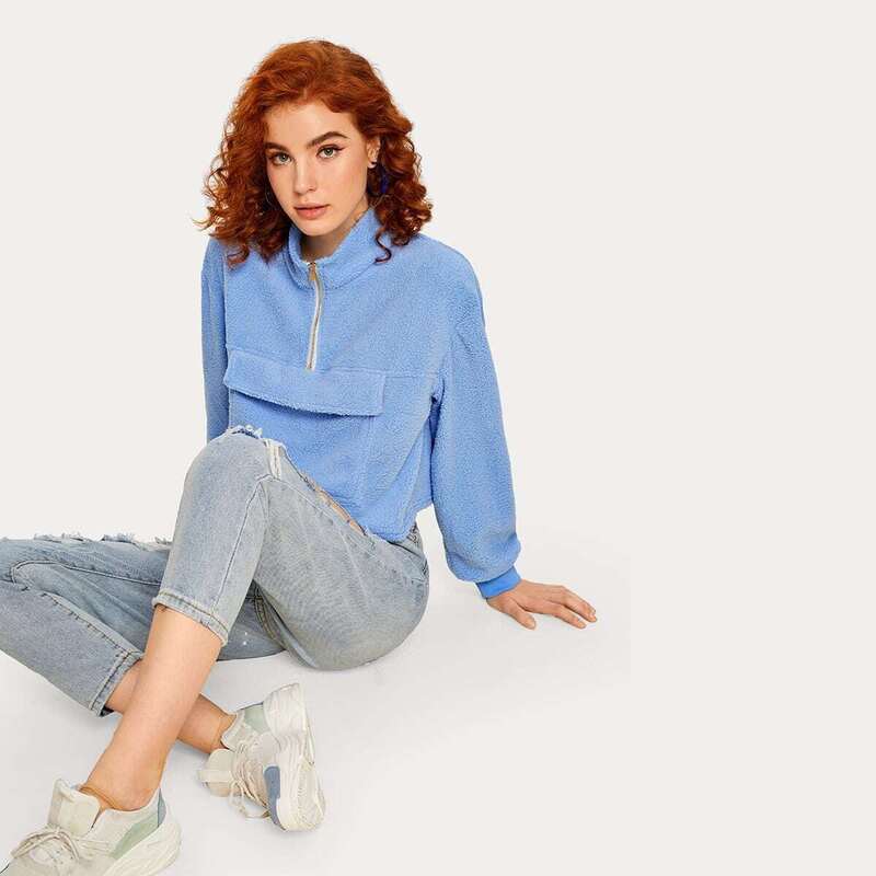 

Pocket Front Half Zip Teddy Sweatshirt, Blue pastel