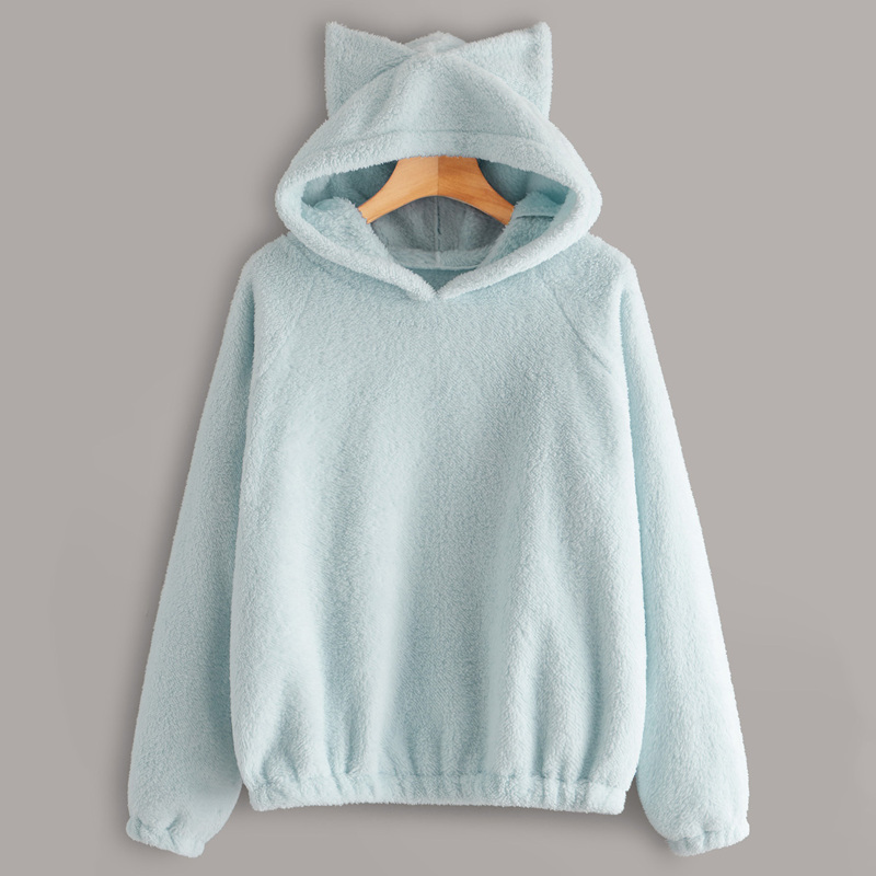 

Contrast Cat Ear Solid Teddy Hoodie, Blue pastel