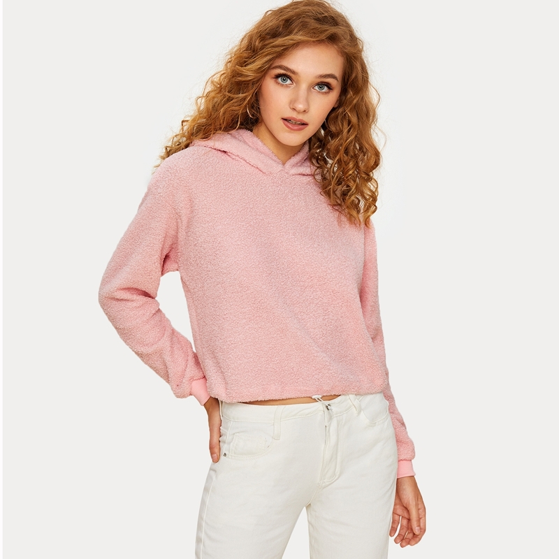 

Solid Drawstring Hem Teddy Hoodie, Pink pastel