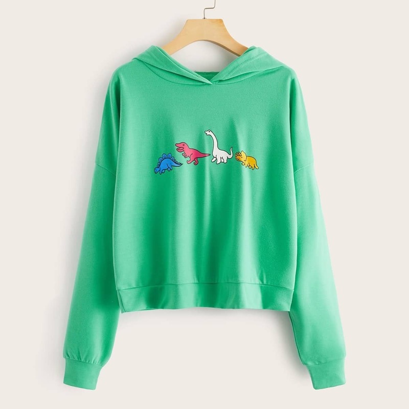 

Dinosaur Print Drop Shoulder Hoodie, Green