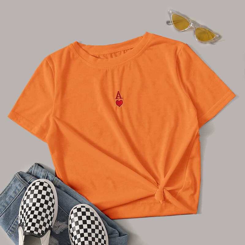 

Poker Card Embroidery Short Sleeve Tee, Orange bright