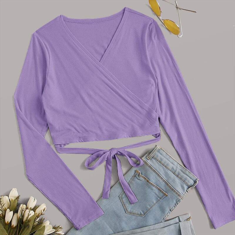 

Solid Surplice Front Knot Ribbed Tee, Purple