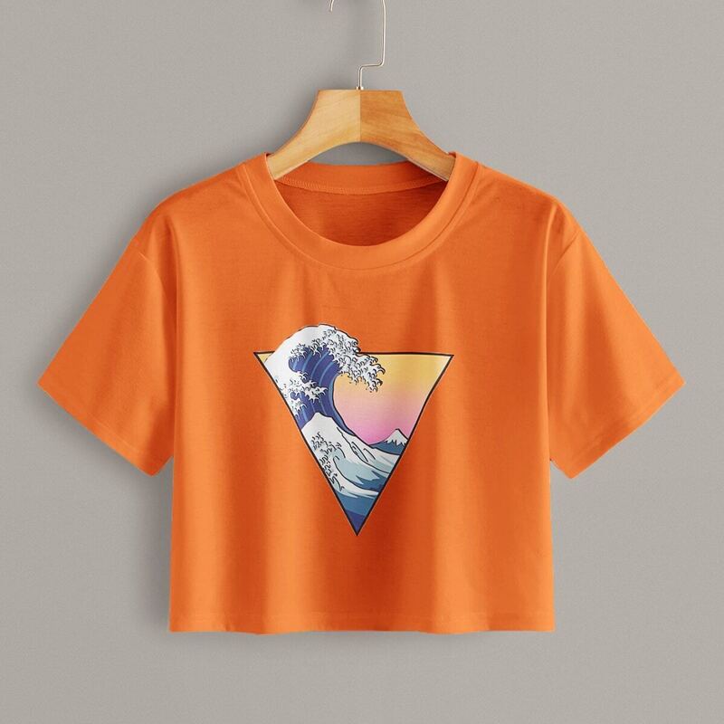 

Sea Wave Print Crop Tee, Orange bright