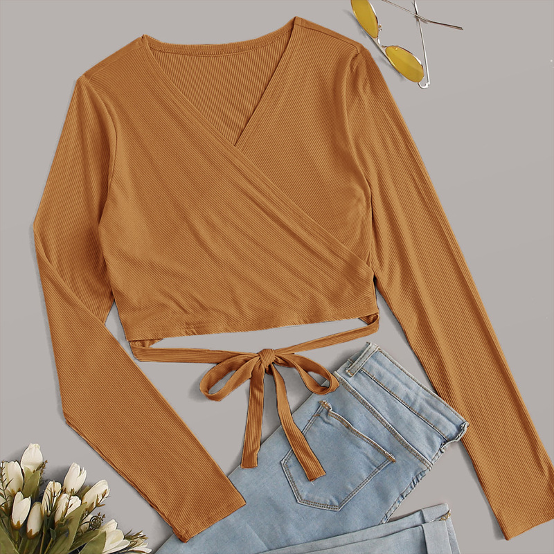 

Solid Surplice Front Knot Ribbed Tee, Camel