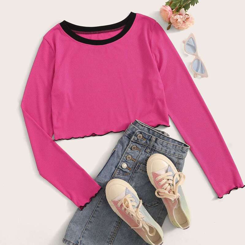 

Contrast Binding Lettuce Trim Ribbed Tee, Pink