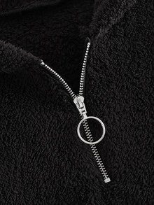 O-ring Half Zip Hooded Teddy Sweatshirt - Black - View 4