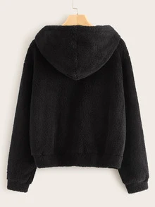 O-ring Half Zip Hooded Teddy Sweatshirt - Black - View 2