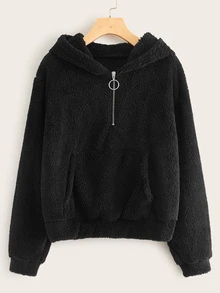 O-ring Half Zip Hooded Teddy Sweatshirt - Black - View 1