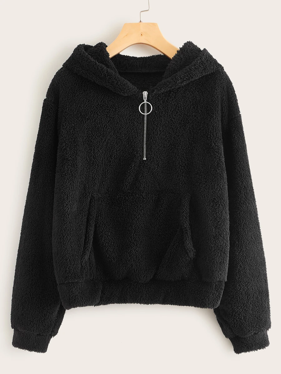 O-ring Half Zip Hooded Teddy Sweatshirt - Black - View 1