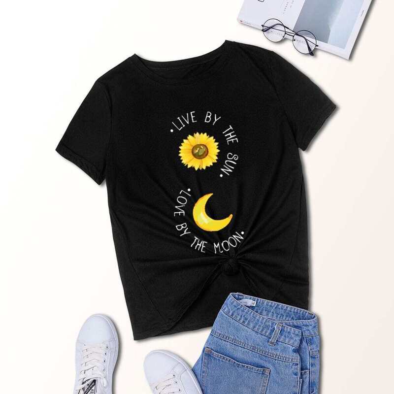 

Sunflower & Moon Print Round Neck Tee, Black