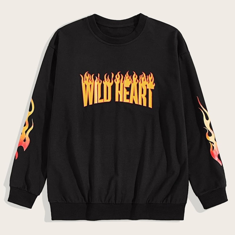 

Guys Letter And Fire Print Round Neck Sweatshirt, Black