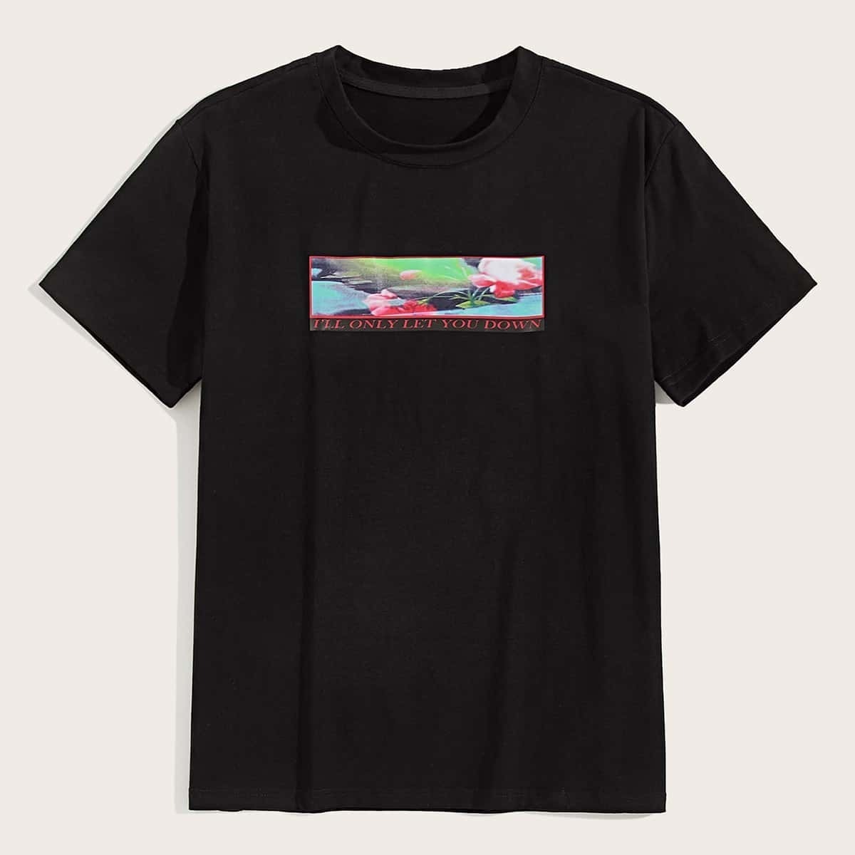 

Guys Slogan And Floral Print Round Neck Tee, Black