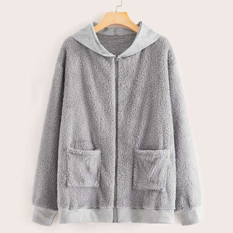 

Dual Pocket Zipper Hooded Teddy Jacket, Grey